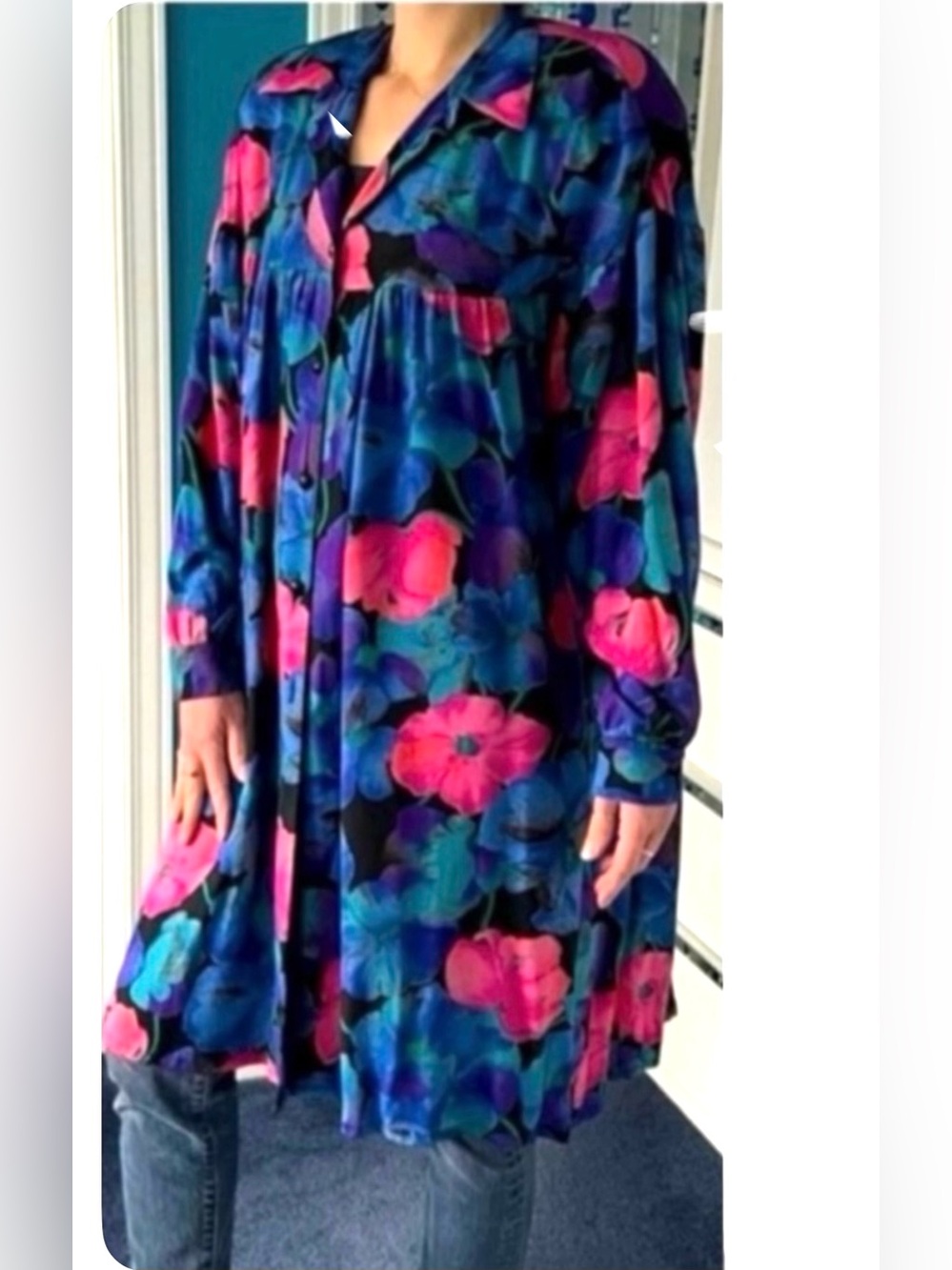 🇨🇦 Vintage Floral Long Jacket Statement Duster • Art to Wear Pink Purple Blue